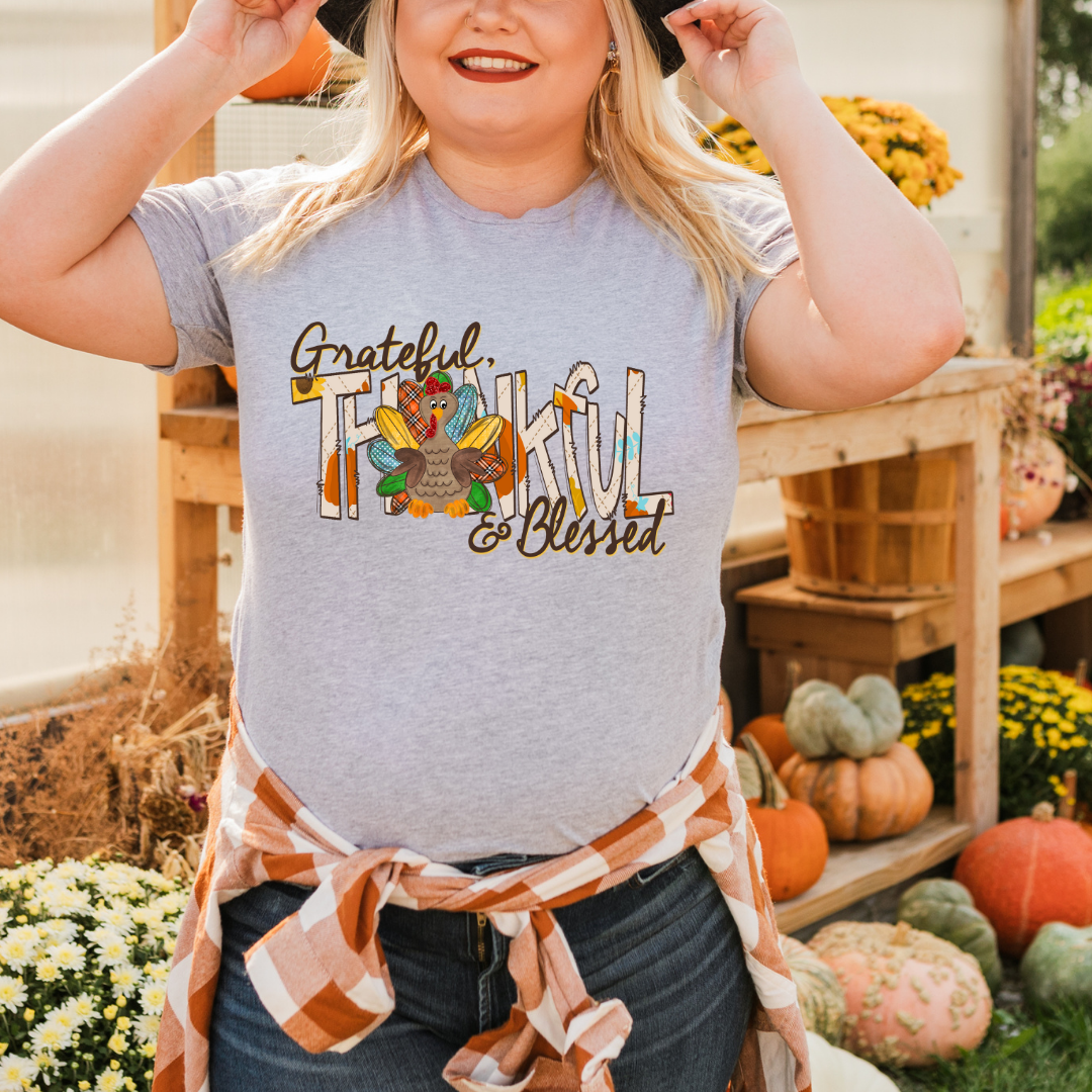 Grateful Thankful and Blessed Doodle Turkey DTF