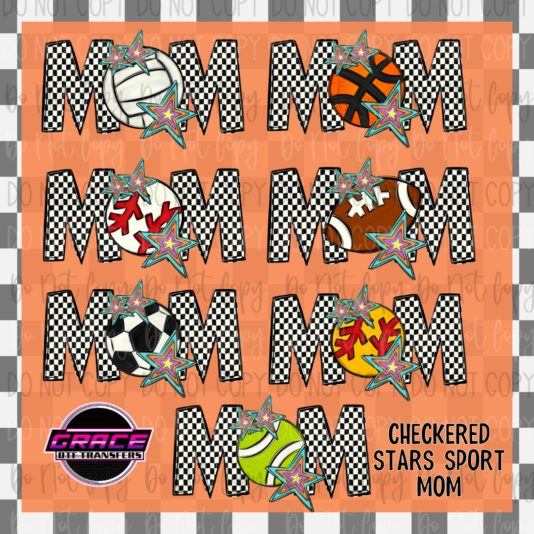 *Custom Mascot Checkered Stars Sports Mom DTF Transfer