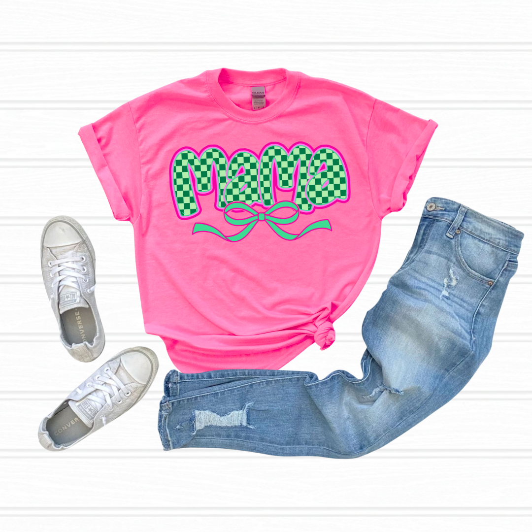 Mama Green Check Bow DTF Transfer