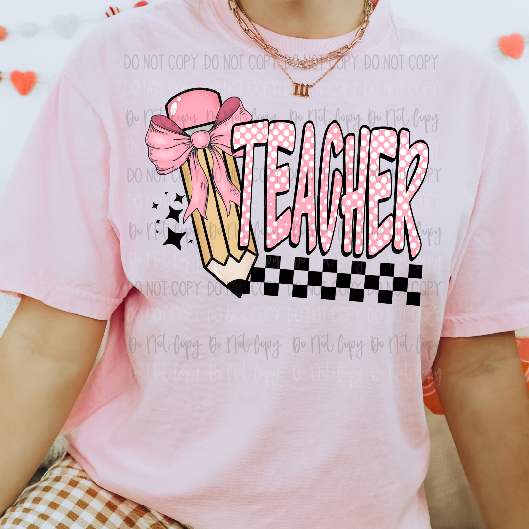 Teacher Pink Pencil Bow DTF Transfer