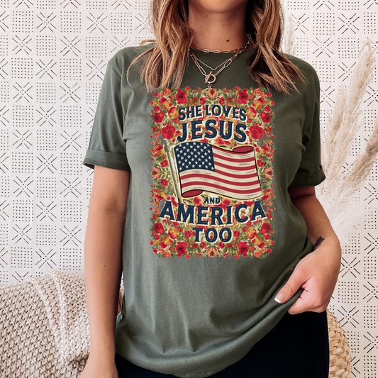 RWB She Loves Jesus and America Too Floral DTF