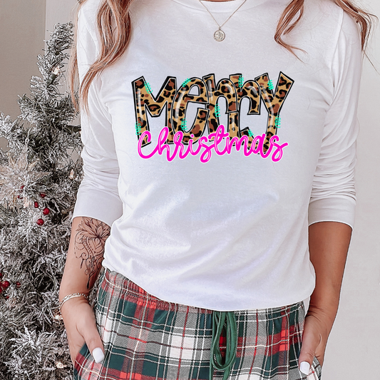 Leopard Neon Pink Merry Christmas DTF