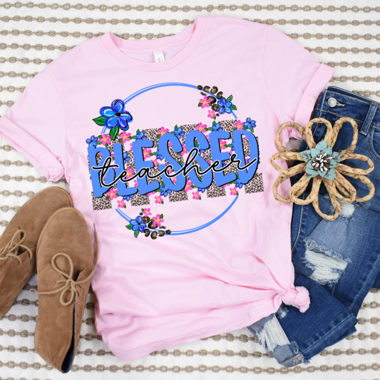 Blessed Teacher Blue Floral Circle DTF Transfer