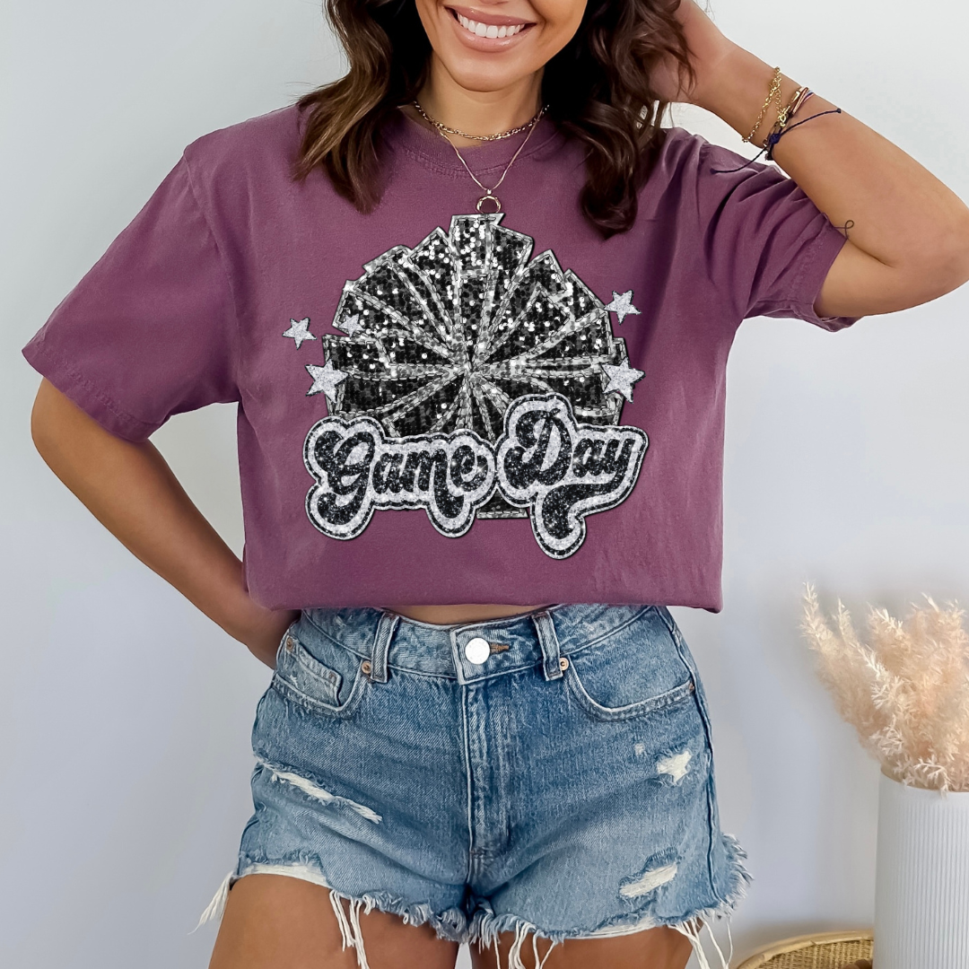 Game Day Sparkle Pom Pom black DTF Transfer