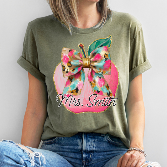 Pink Brushed Leopard Bow School Apple DTF Transfer