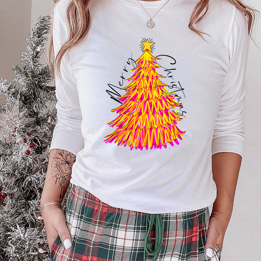 Merry Christmas Pink and Yellow Tree DTF