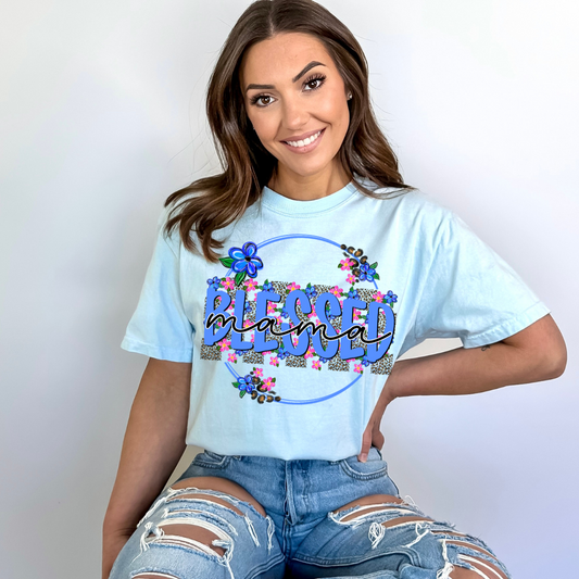 Blessed Mama Blue Floral Circle DTF Transfer