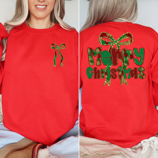 Merry Christmas Shimmer Bow Front Back DTF Transfer