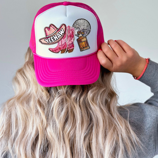 Yeehaw Pink Disco Hat Patch Collage