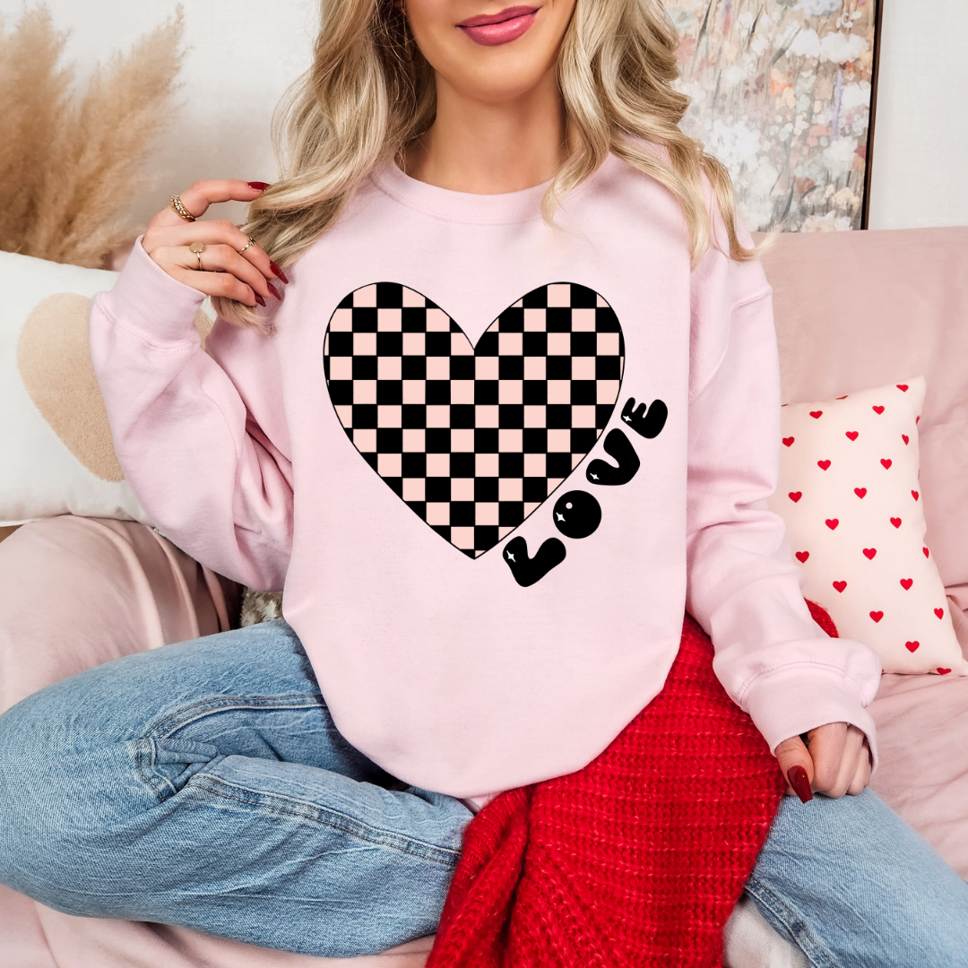 Love Pink Heart Checkered DTF Transfer