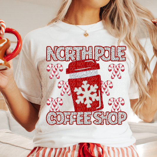 North Pole Coffee Shop Embroidery DTF